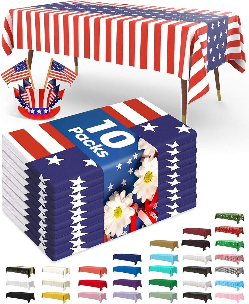 4th of July Table Cloths – 10 Pack USA 250th Anniversary Disposable Plastic Table Covers, American Flag Rectangle Tablecloths, 54" x 108"
